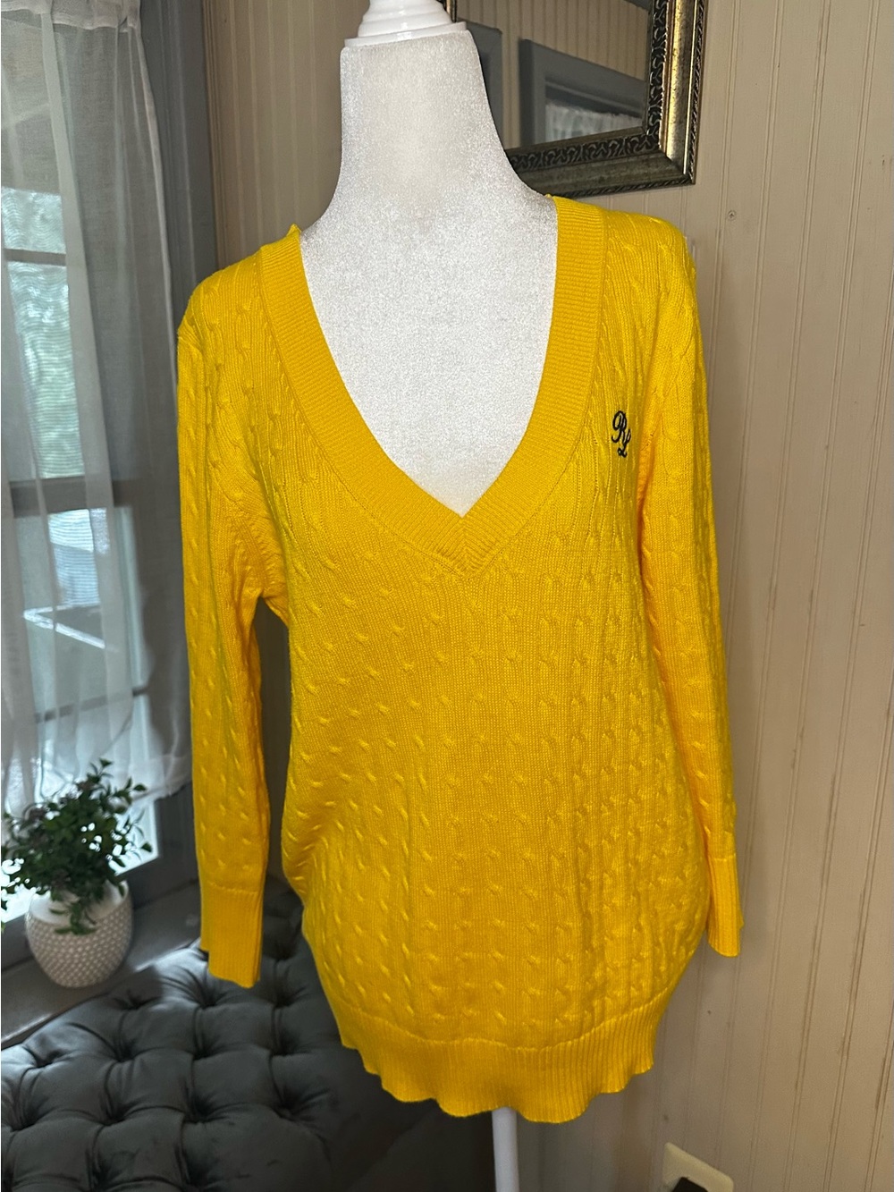 Polo Jeans Co Ralph Lauren Cable Knit V-Neck Sweater Yellow Cotton Women’s Large